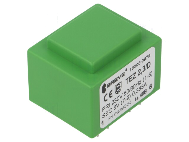 Transformator: ingegoten; 2,3VA; 230VAC; 6V; 383mA; PCB; IP00; TEZ Transformator: ingegoten; 2,3VA; 230VAC; 6V; 383mA; PCB; IP00; TEZ